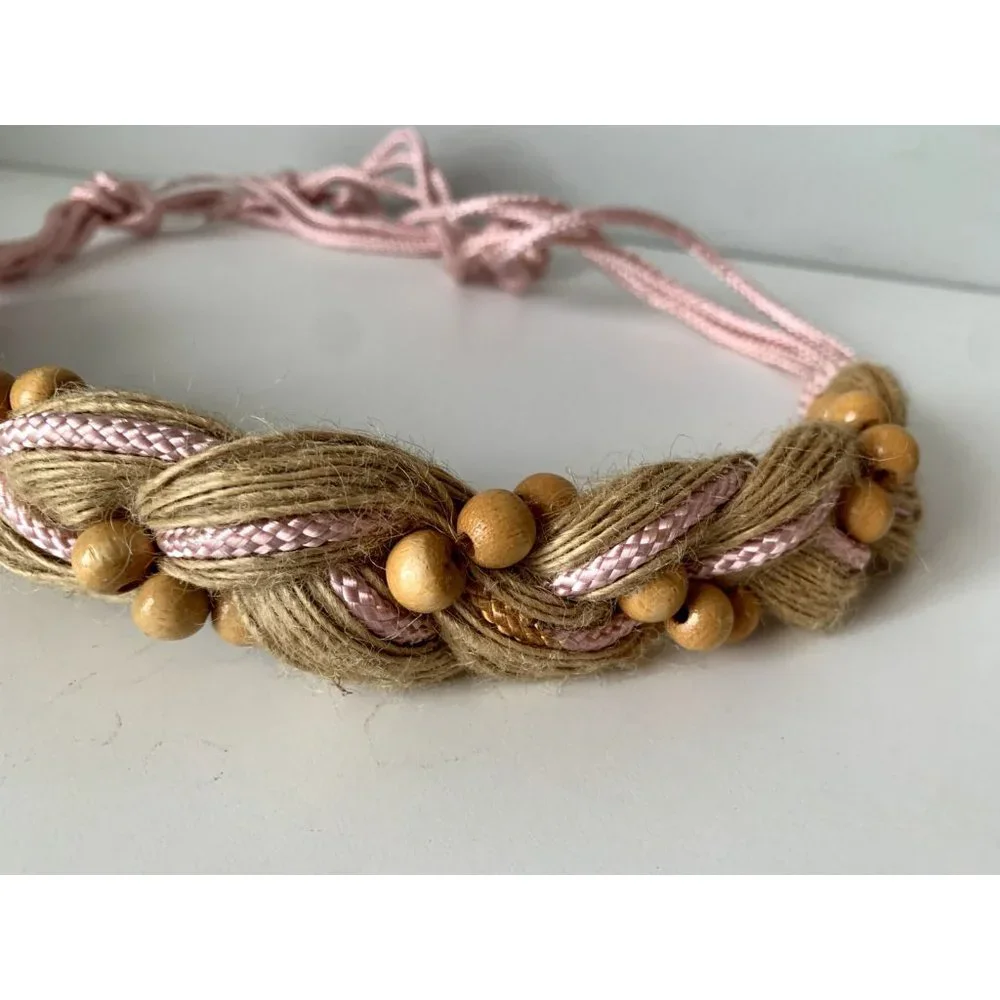 Vintage Statement Braided Beaded‎ Belt Womens Tan Pink Tie Waist 80s 90s Boho